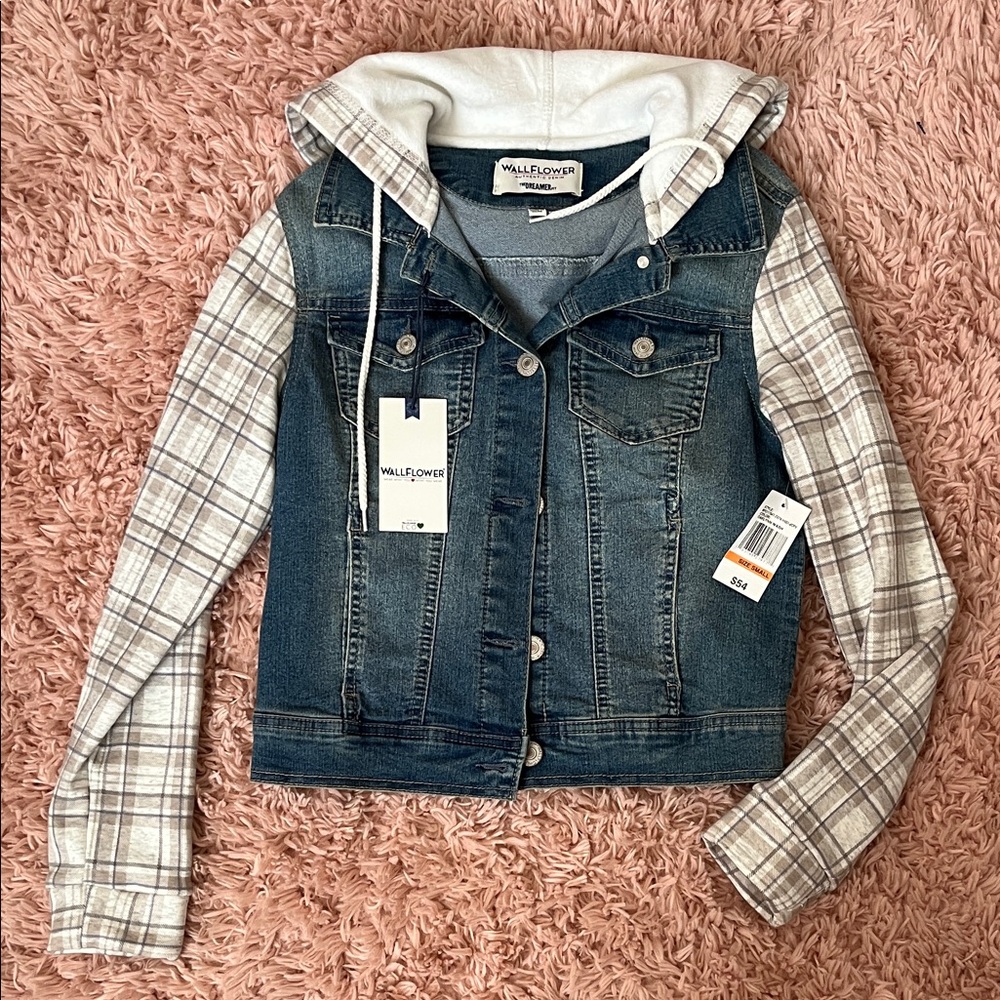 Wallflower Blue Denim Jacket with Plaid Sleeves and Gray Hood